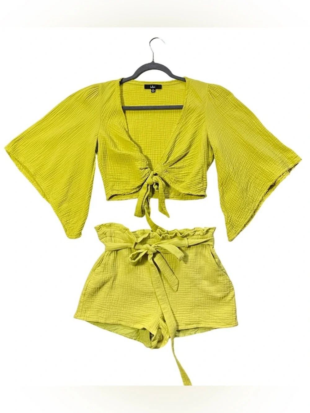 Lulu's Friendship Lime Green Tie Front Crop Top Paperbag Shorts Set Size Medium